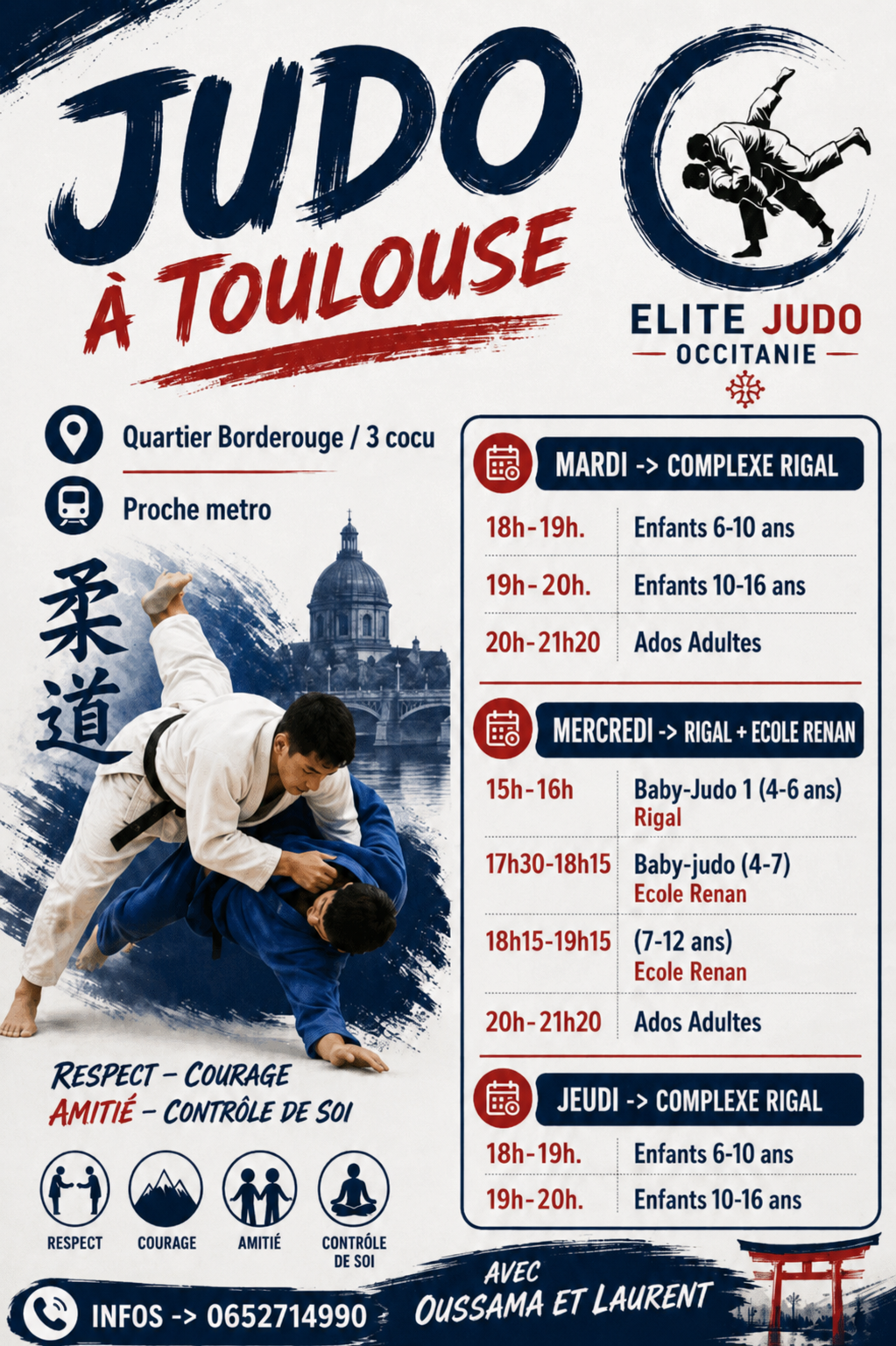 Affiche des horaires Judo à Toulouse — Elite Judo Occitanie